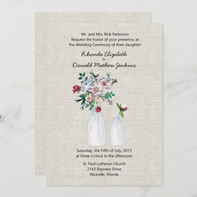 Convites Casamento de Linen e Garrafas de Leite Inspiradas  (Frente/Verso)