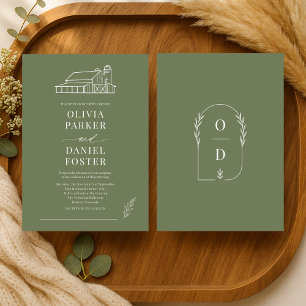 Convites Casamento de Linha Artística de Celeiro em Verde O