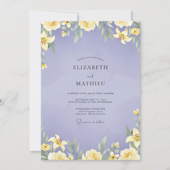 Convites Casamento de Lírio Amarelo e Periwinkle (Frente)
