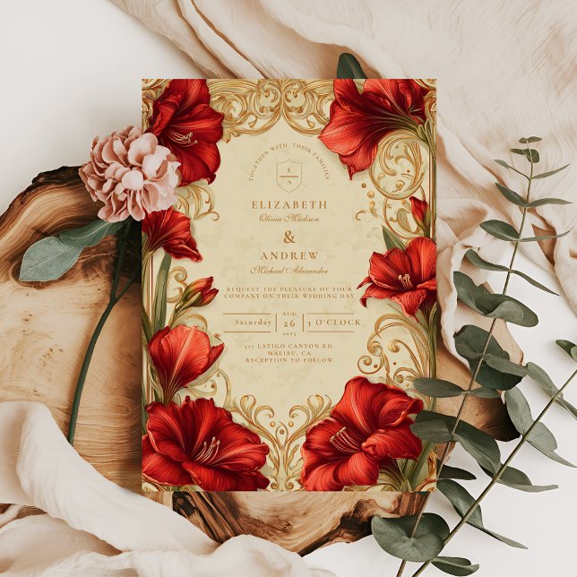 Convites Casamento de Lírio Amaryllis Vermelho Art Nouveau (Criador carregado)
