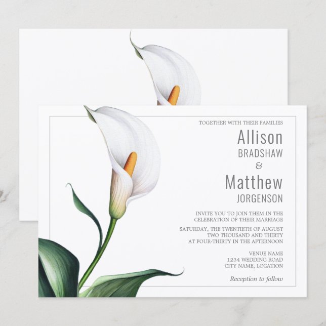 Convites Casamento de Lírio de Calla Branco Marfim Elegante (Frente/Verso)