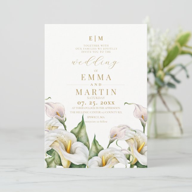 Convites Casamento de Lírio-de-Calla em Aquarela Botânica (Em pé/Frente)
