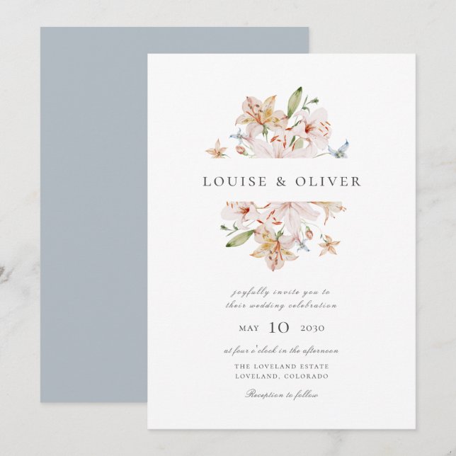 Convites Casamento de Lírios Florais em Aquarela Azul Moder (Frente/Verso)