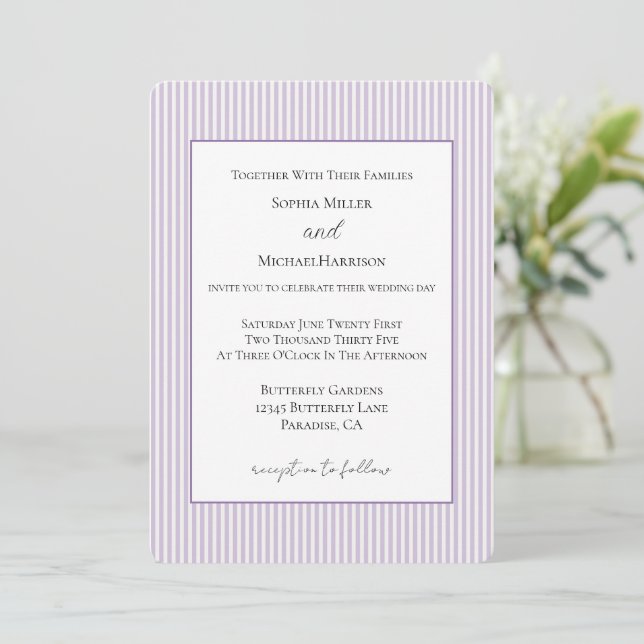 Convites Casamento de Listras Brancas Lavanda Bonito (Em pé/Frente)