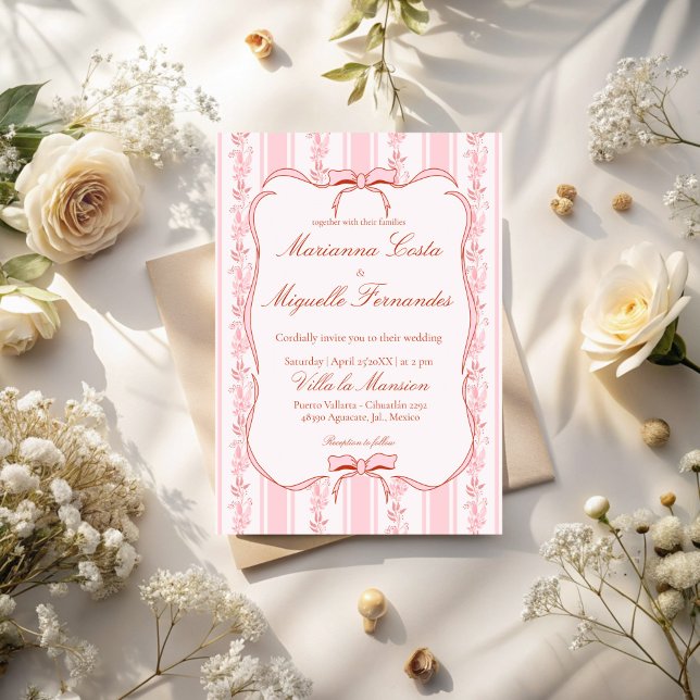Convites Casamento de listras florais cor-de-rosa pastel (Pastel pink vintage retro floral stripes wedding invitation cards with qr RSVP template digital)