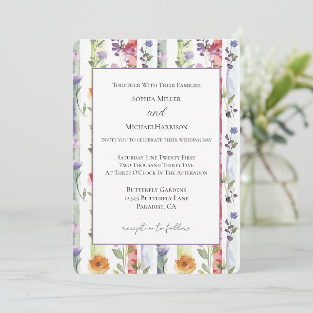 Convites Casamento de Listras Florais Roxo Vermelho Laranja (Em pé/Frente)