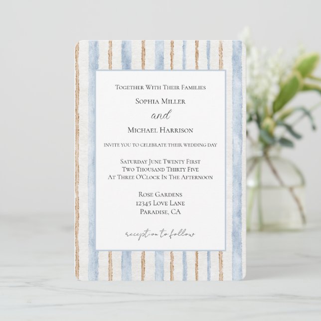 Convites Casamento de Listras Marrom Creme Azul (Em pé/Frente)