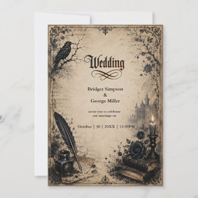 Convites Casamento de Livro de Corvo de Academia Sombria Gó (Frente)