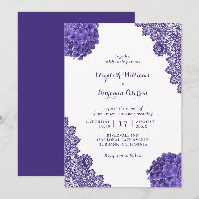 Convites Casamento de Locação Floral de Hydrangea Roxo-Russ (Frente/Verso)