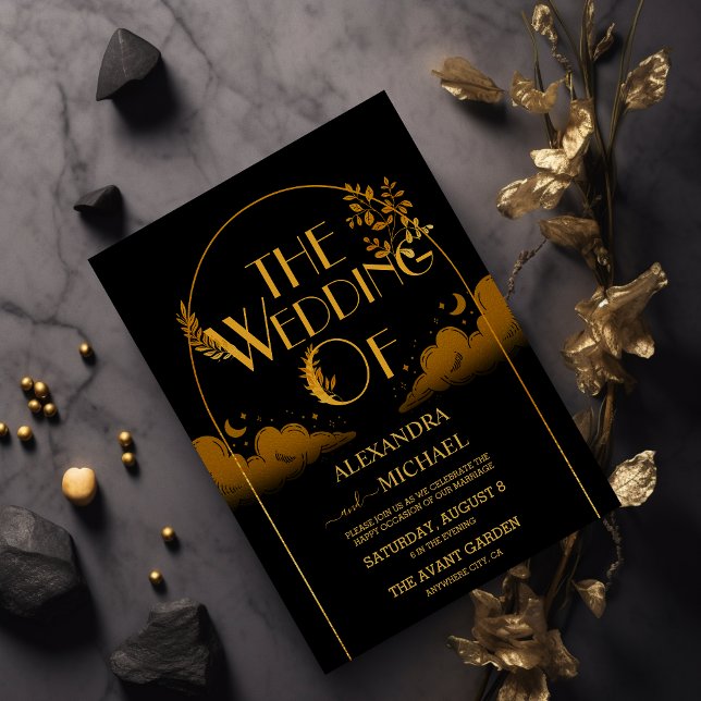 Convites Casamento de Lua de Nuvens Douradas Místicas Místi (Criador carregado)