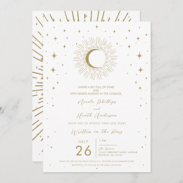 Convites Casamento de Lua Solar Celestial e Dourada (Frente/Verso)