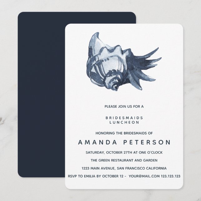 Convites Casamento de Luncheon com as damas de concha azul (Frente/Verso)