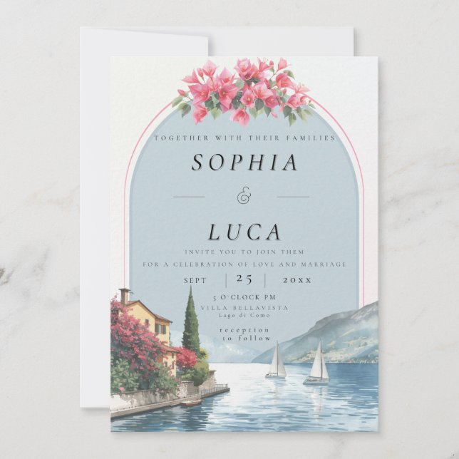 Convites Casamento de Luxo à Beira do Lago Como com Código  (Frente)