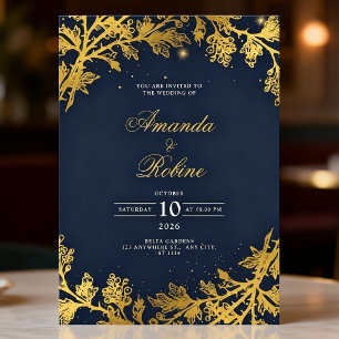 Convites Casamento de Luxo Botânico Azul Dourado da Marinha