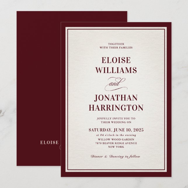 Convites Casamento de Luxo Burgundy Formal Antigo (Frente/Verso)