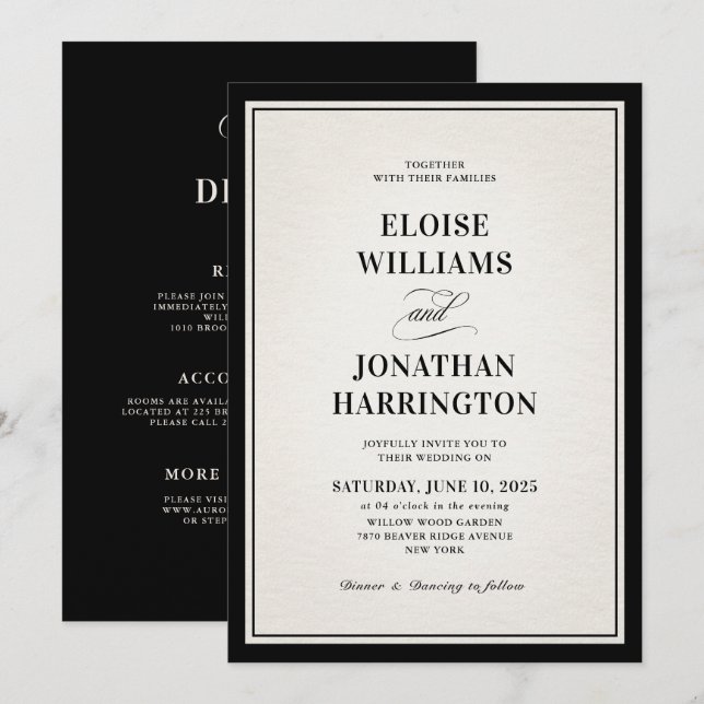 Convites Casamento de Luxo Chic Preto Formal Dinheiro Antig (Frente/Verso)