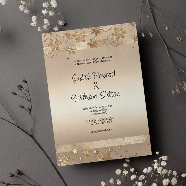 Convites Casamento de Luxo com Flocos de Neve Dourados em C (Champagne Golden Snowflakes Luxury Wedding)