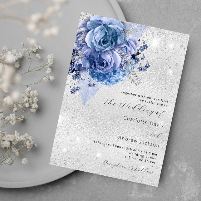 Convites Casamento de luxo com flores azuis prateadas (Criador carregado)