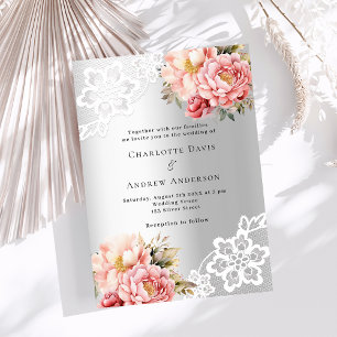Convites Casamento de luxo com flores cor-de-rosa prateada