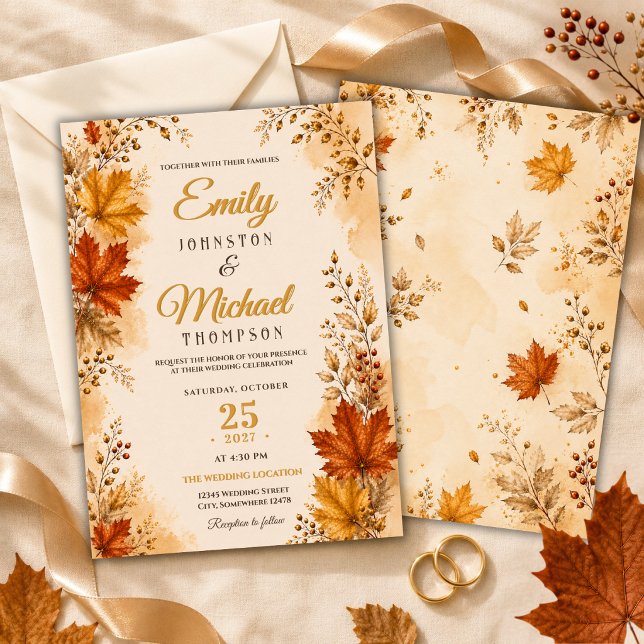 Convites Casamento de Luxo com Folhas de Outono (Criador carregado)