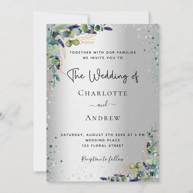 Convites Casamento de luxo com guião de prata Eucalyptus ve (Frente)