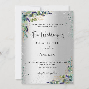 Convites Casamento de luxo com guião de prata Eucalyptus ve