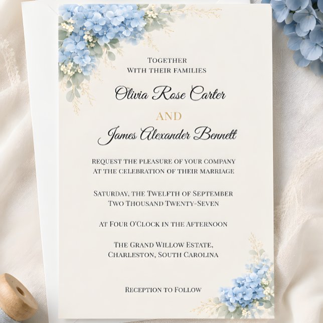 Convites Casamento de Luxo com Hortênsias Azuis Desbotadas (Luxury dusty blue hydrangea wedding themed invitation card)