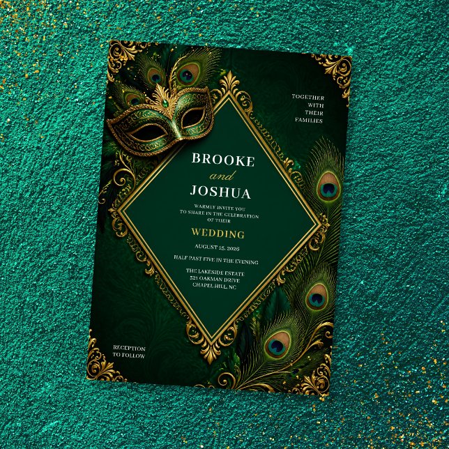 Convites Casamento de Luxo com Máscara de Pavão Verde Esmer (Criador carregado)