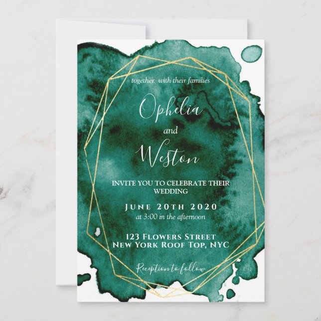 Convites Casamento de Luxo com Moldura Dourada Verde Waterc (Frente)