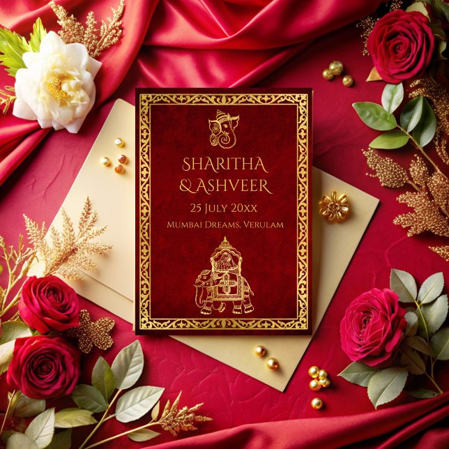 Convites Casamento de luxo com noivas índias de elefante de (Maroon gold ornate elephant Indian wedding brides luxury wedding Invitation cards template)