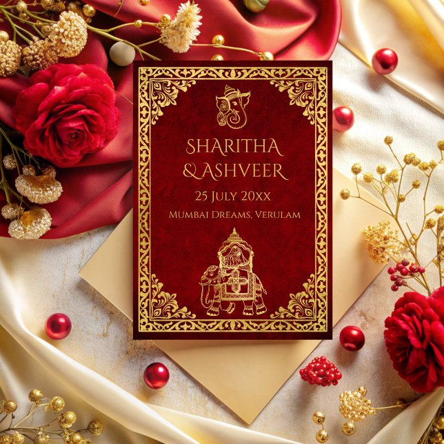 Convites Casamento de luxo com noivas índias de elefante de (Maroon gold elephant Indian brides luxury wedding Invitation cards template)