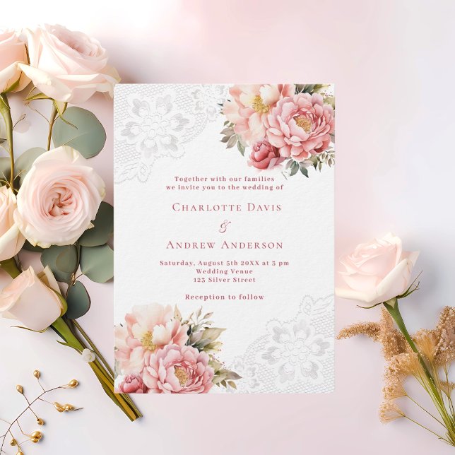 Convites Casamento de luxo com renda branca floral rosa ros (Criador carregado)