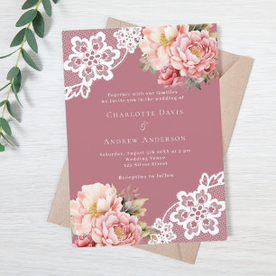 Convites Casamento de luxo com rendas florais cor-de-rosa-r