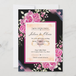 Convites Casamento de Luxo com Rosas Pretas e Rosa Fúcsia
