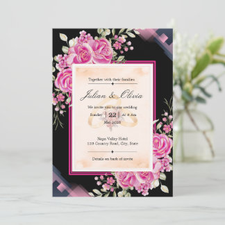Convites Casamento de Luxo com Rosas Pretas e Rosa Fúcsia