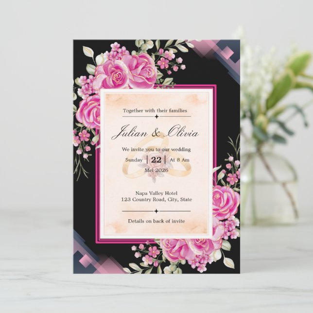 Convites Casamento de Luxo com Rosas Pretas e Rosa Fúcsia (Em pé/Frente)
