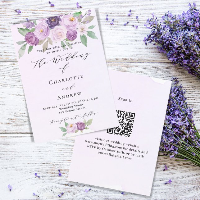 Convites Casamento de luxo com rosas roxos violentos QR RSV (Criador carregado)