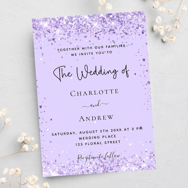 Convites Casamento de luxo com script de confetes violeta l (Criador carregado)