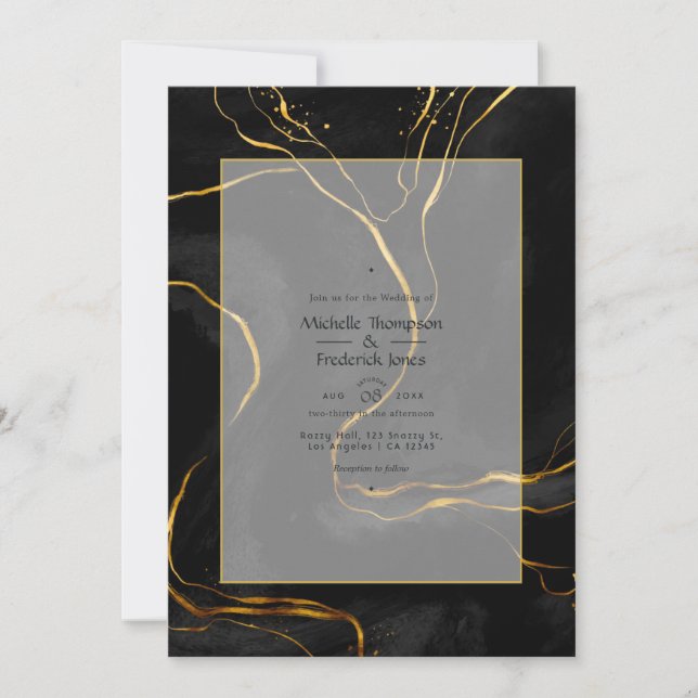 Convites Casamento de Luxo com Tinta Preta e Dourada (Frente)