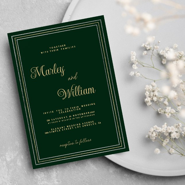 Convites Casamento de luxo de prata com ouro verde-escuro m (Minimalist dark green gold silver luxury Wedding )