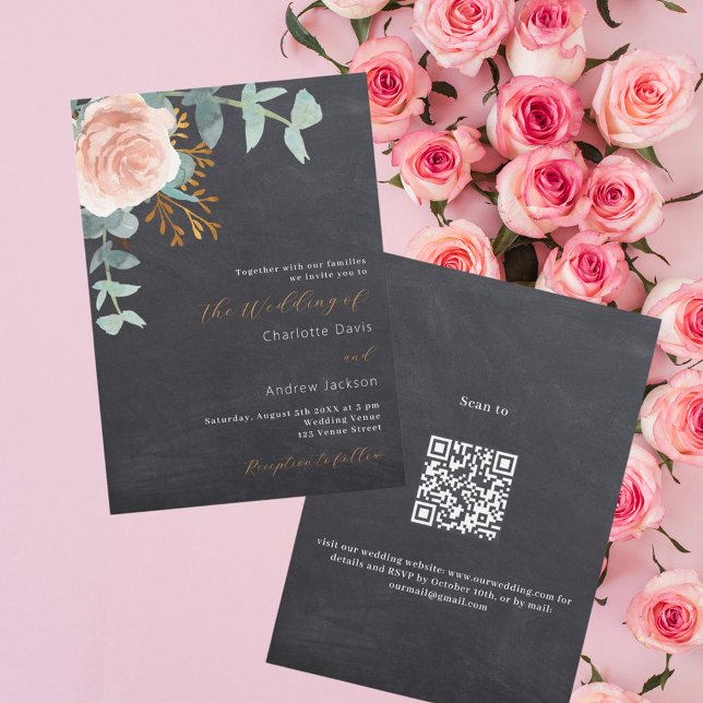 Convites Casamento de luxo de QR com quadro floral de ouro  (Criador carregado)