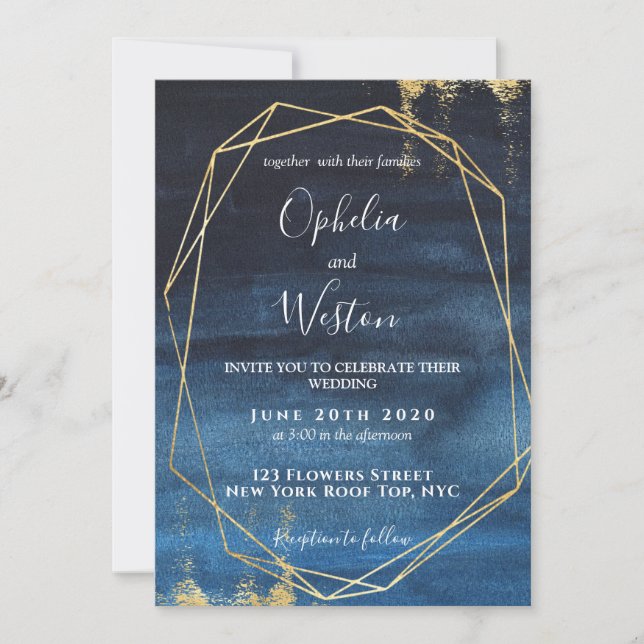 Convites Casamento de Luxo Elegante com Quadro Dourado Azul (Frente)