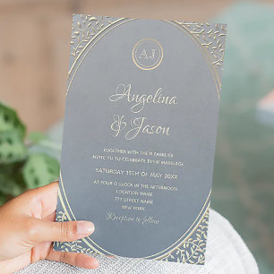 Convites Casamento de Luxo em Azul Poeirento e Dourado