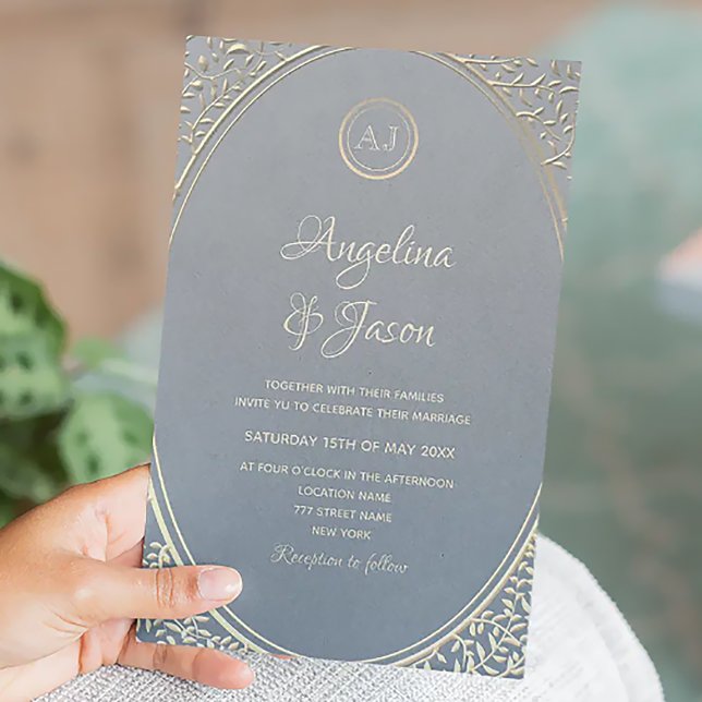 Convites Casamento de Luxo em Azul Poeirento e Dourado (Criador carregado)