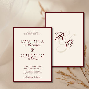 Convites Casamento de Luxo em Borgonha e Marfim com Monogra