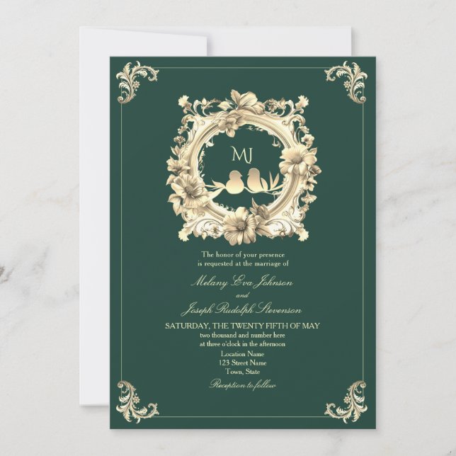 Convites Casamento de Luxo em Dourado e Verde Esmeralda (Frente)