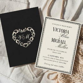 Convites Casamento de Luxo em Marfim e Preto com Estilo Old