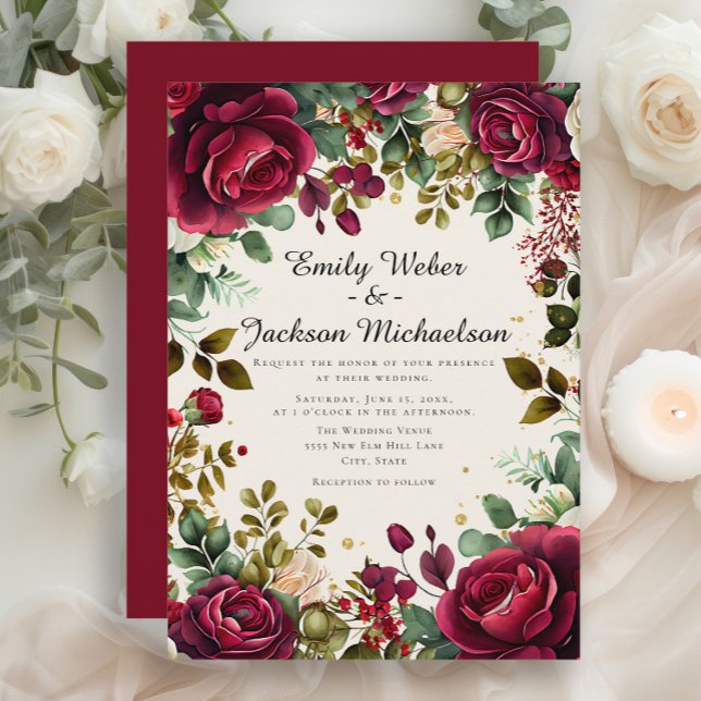 Convites Casamento de Luxo Floral Borgonha Romântico (Elegant red burgundy roses and greenery wedding invitation)
