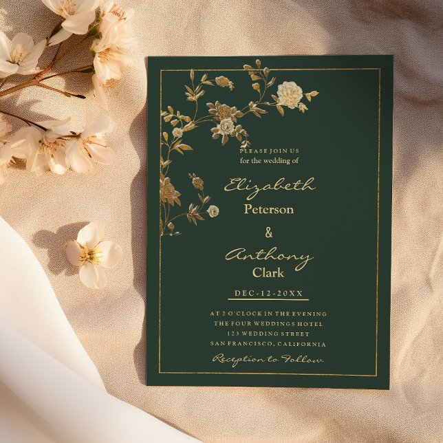 Convites Casamento de luxo floral de ouro verde-herdeiro le (Elegant mauve green gold floral luxury Wedding )