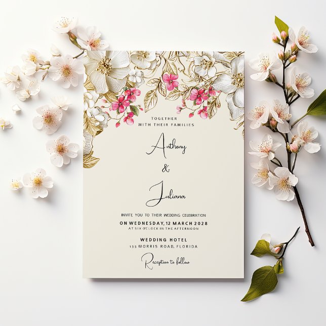 Convites Casamento de luxo marfim rosa ouro branco flores (Luxury ivory pink white gold flowers wedding)
